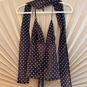 Brown Polka Dot Halter Top with neck Scarf